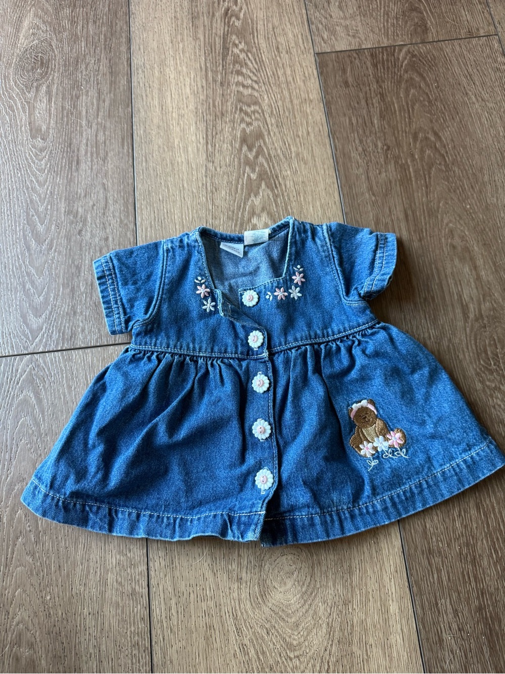 Vintage Baby Girl Embroidered Denim Dress – Teddy Bear & Flowers